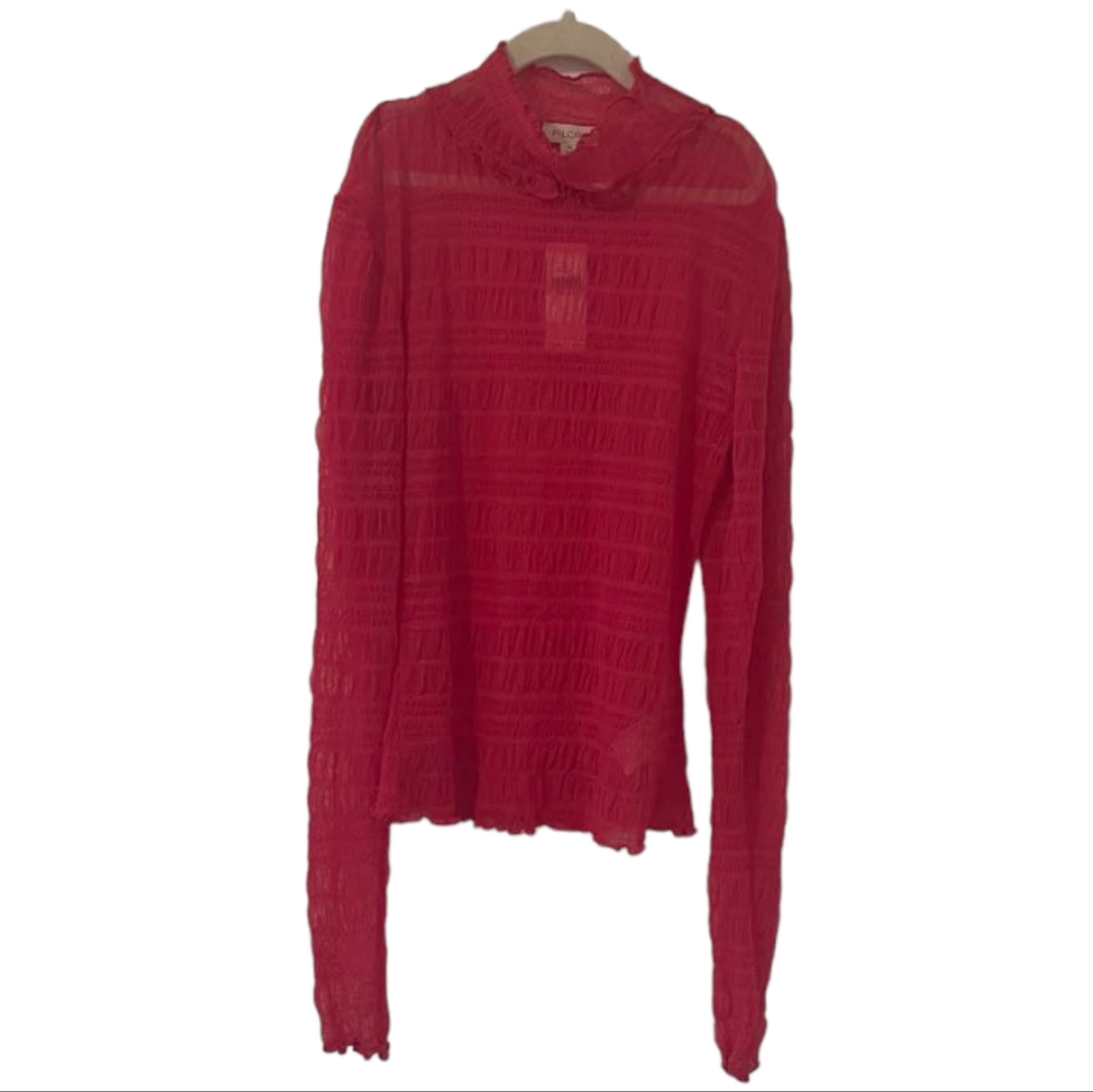Pink Anthropologie Pilcro Women's Smocked Mesh Turtleneck Top